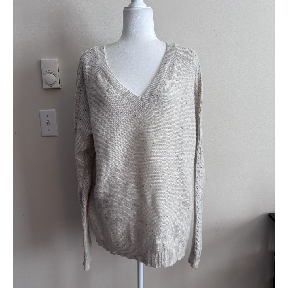 Garnet Hill Womens Large Cashmere V Neck Sweater Oatmeal‎ Cream Textured